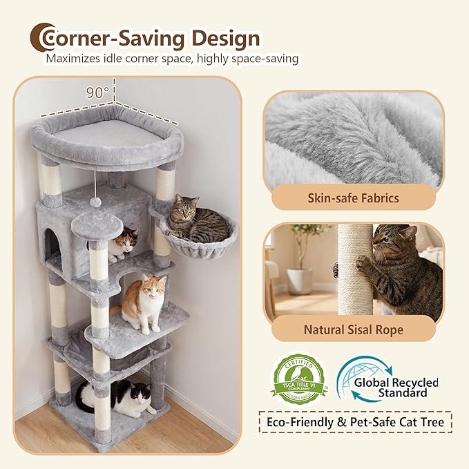Heybly Cat Tree, 53.1-Inch Corner Stable Cat Tower for Large Indoor Cats, Well-Structured Interactive Cat Condo with Fan-Shaped Top Perch, Cozy Condo, Sturdy Base, Basket & Hammock,Light Gray HCT029W