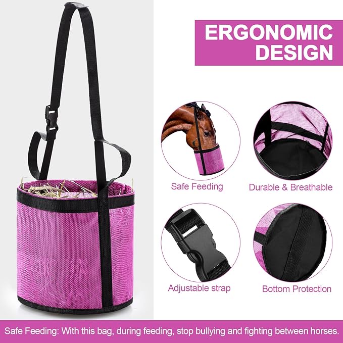 Sumind 2 Pcs Feed Horses Bag for Grain Hay Bags Heavy Duty Mesh Horse Feeder with Adjustable Strap Comfort Neck Pad Nose Pad and Waterproof Bottom Muzzle(Pink)