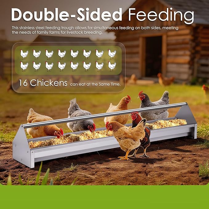 Chicken Feeding Trough 45" Stainless Steel Double Sided Poultry Chicken Feeder Trough Heavy Duty with Crossbar Large Capacity for Chicken Duck Goose Quail