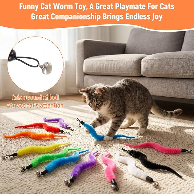 20Pcs Cat Worm Toy, Cat Wand Attachment Refill Cats Teaser Toys Feather Toy Attachments Replacements, Interactive Kittens Toys for Indoor and Ourdoor