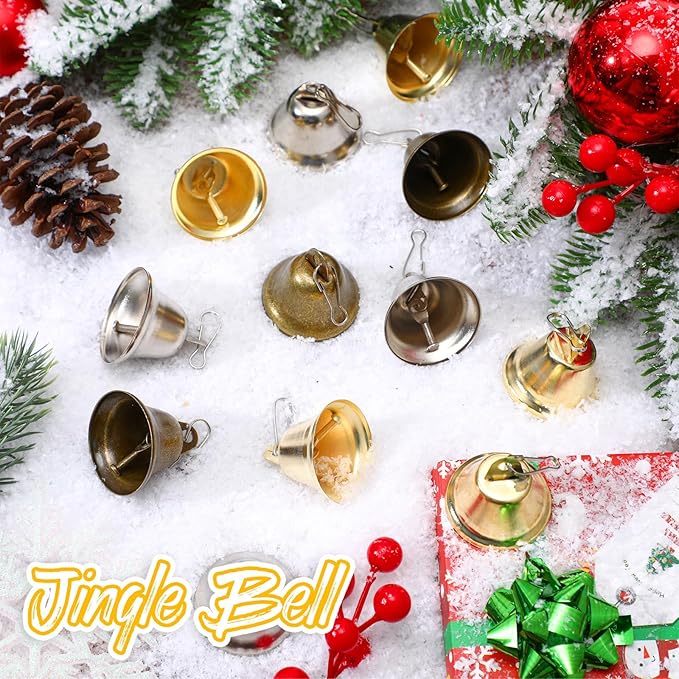 30 Pieces Craft Small Brass Bells for Crafts Mini Vintage Bells with Spring Hooks Tiny for Hanging Wind Chimes Making Dog Training Doorbell Wedding Decor, 1.65 x 1.5 Inch (Bronze, Silver, Gold)