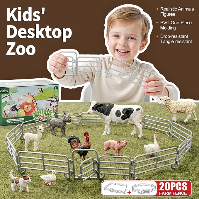 20PCS Large Farm Animal Corral Fence Toys with 2 Gates Fences for Kids Boys Girls, Educational Farm Animal Cake Toppers for Toddlers Children.