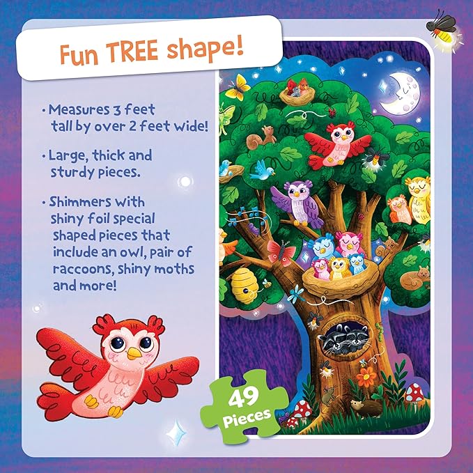 Peaceable Kingdom Shimmery Hoot Owl Hoot Floor Puzzle - 49-Piece Giant Floor Puzzle for Kids Ages 3 & up - Fun-Shaped Puzzle Pieces - Great for Classrooms