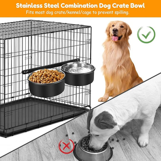2 Packs Dog Crate Water Bowl No Spill,Dog Crate Bowls Hanging,Kennel Mountable Food Water Bowls for Crate Cage,Stainless Steel Feeder Coop Cup for Dogs Cats Pet Puppy Guinea Pigs Rabbits