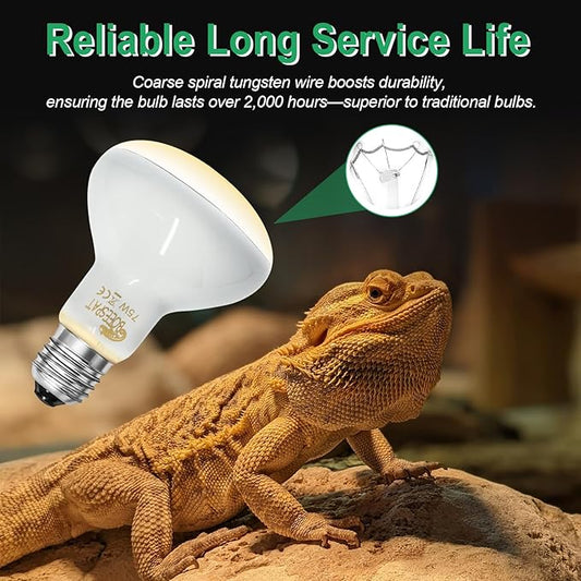 Pack of 4 UVA Heat Light Bulbs - 75W Reptile Basking Light Bulbs for Bearded Dragons, Geckos, Iguanas, Lizards, Amphibians & Small Pets