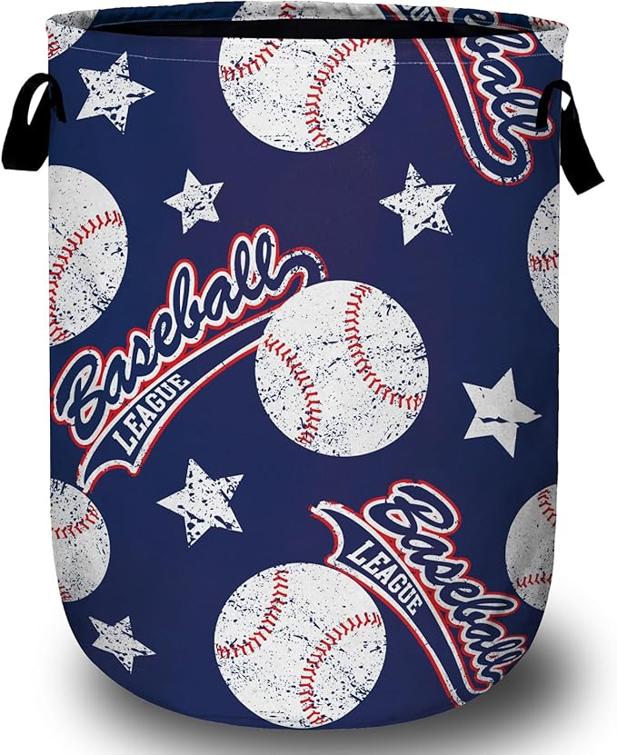 Baseballs and Stars Laundry Basket, Laundry Hamper Collapsible Oxford Cloth with Handle Clothes Storage Bin for Bathroom Laundry Room Bedroom 15.7 X 20 Inch