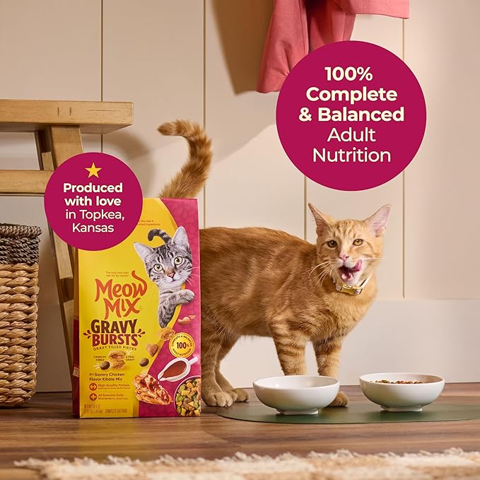 Meow Mix Gravy Bursts, Savory Chicken Flavor Mix, Gravy Filled Dry Cat Food, 3 lb. Bag (Pack of 2)