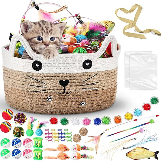 Zopeal 76 Pcs Graduation Cat Storage Basket Gift Toys Set Interactive Cat Toys Kitten Wand Colorful Flashing Balls Pet Crinkle Balls Attract Kitten to Swat, Hunt for Pet Indoor(Khaki)