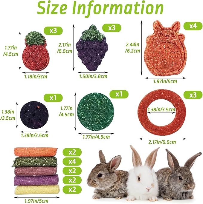 Fhiny 27 PCS Rabbit Chew Toys for Teeth, Natural Bunny Treats，Chinchillas Snack Food Small Animal Molar Toys for Guinea Pigs Mice Gerbils Made of Timothy Grass Pumpkin Beets Purple Potatoes Carrot