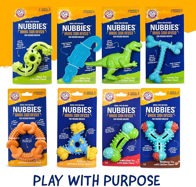 Arm & Hammer Nubbies TriBone Dog Dental Chew Toy, Peanut Butter Flavor, for Moderate Chewers, Nylon and TPR, Reduces Plaque and Tartar, Baking Soda Infused, No Stuffing - 24 Pack