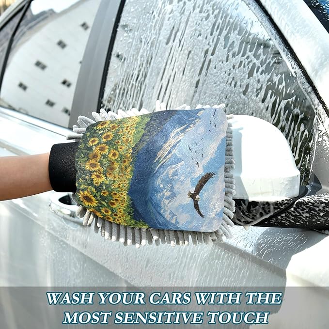 Car Wash Mitt Microfiber Wash Mitts for Car Washing Scratch-Free Cleaning Gloves Soft Non Absorbent Chenille Auto Hand Mitt Medium 2Pack Sunflowers Eagles and Blue Mountain