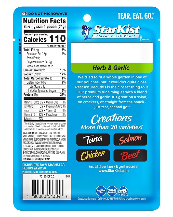 StarKist Tuna Creations Herb and Garlic Pouch (2.6 oz - 1 Pack) Wild Caught, High Protein Shelf Stable Seafood, No Draining, Ready to Eat for Salads and Sandwiches
