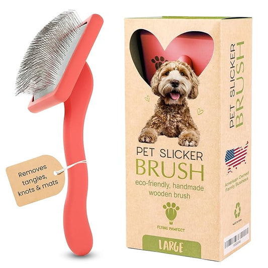 Flying Pawfect Dog Slicker Brush for Grooming Pet Hair - Best Slicker For Poodle & Golden Doodle - Long Haired Tool For Dogs - Goldendoodle Long Pin Brush For Dematting (Coral, Flat Large)