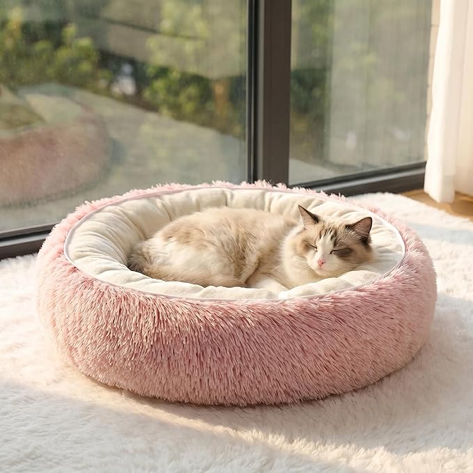 Calming Donut Dog Bed Cat Bed, Fluffy Long Fur Outer & Short Fur Inner, Sweat-Free Cozy Cuddler, Non-Slip Bottom,for Small Medium Dogs Cats Puppy Kitten (Donut Bed - Pink, Medium 19.7 Inches)