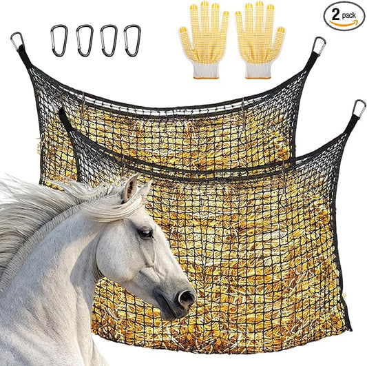 2 PCS Slow Feed Hay Net for Horses, Large Capacity Hay Bags with 4 Carabiner Clips and Gloves, Heavy Duty Slow Feeder for Horse Goat Sheep, Full Day Feeding for Stall Trailer, Black, 35 x 31 Inch