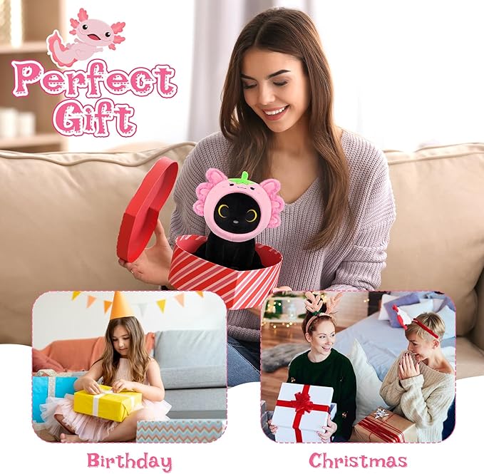 Axolotl Plush Toy, 8inch Kawaii Black Cat Wear Strawberry Plush Removable Hood, Cute Plushies Soft Stuffed Animal Doll, Valentine's Day Birthday Gift for Kids Boys Girls Adults