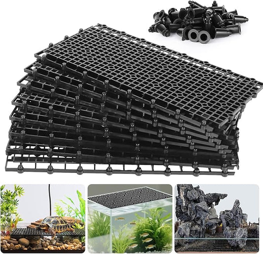 12pcs Aquarium Fish Tank Divider Filter Bottom with Bracket, Plastic Egg Crate Grid (11.6X5.7inch) for Fish Tank Separation, Bottom Filtration & DIY Aquascaping (Black, 72 Brackets)