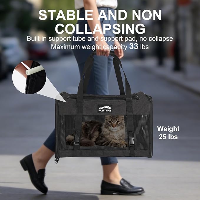 Soft Sided Cat Carrier for Large Cats, Pet Carrier for 2 Cats or Small Dogs Up to 25Lbs, Large Cat Carrier with Shoulder Strap, Cat Car Carrier with Safety Buckle & Cushion, 20x13x13 inches, Black