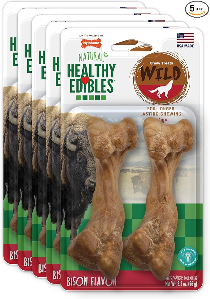 Nylabone Healthy Edibles Wild Natural Dog Chews, Long Lasting Bones for Dogs, Bison Flavor Dog Treats, Medium (10 Count)