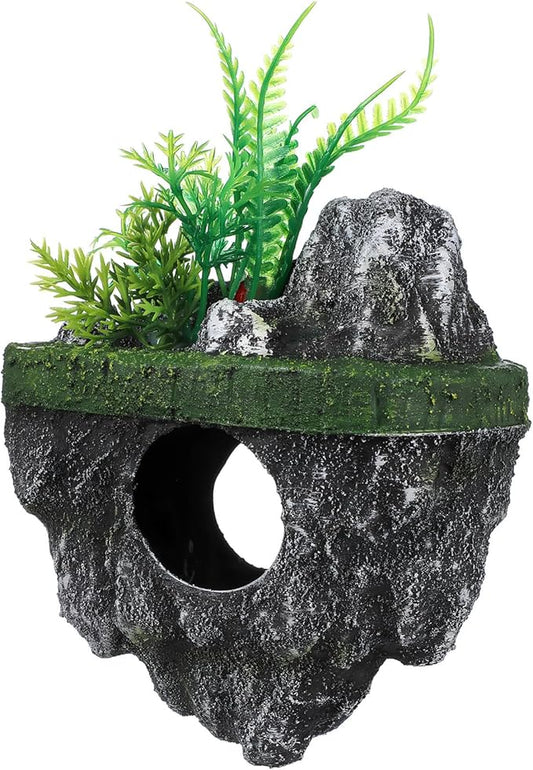 Toddmomy Floating Aquarium Decoration Realistic Resin Rock with Plants Fish Tank Ornament Fish Shelter Hideaway Floating Island for Aquascaping 7.48X5.31X4.33In