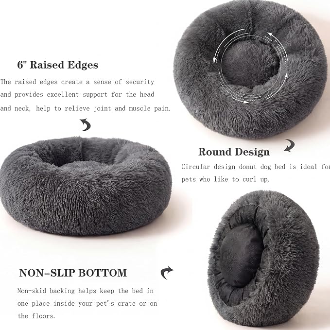 Calming Donut Dogs Beds for Small Dogs Washable,23inch Plush Round Pet Bed for Cozy Sleep,Fluffy Faux Fur Large Cat Bed,Fits up to 25 lbs Pets,Dark Grey