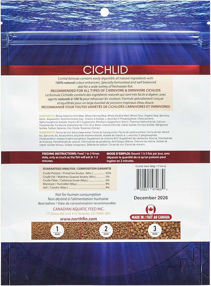 Northfin Cichlid Formula Fish Food – Slow Sinking Pellets for Cichlids (3mm, 500g) | Premium High-Protein, All-Natural Cichlid Diet to Enhance Color & Growth – No Fillers, No Hormones, Made in Canada