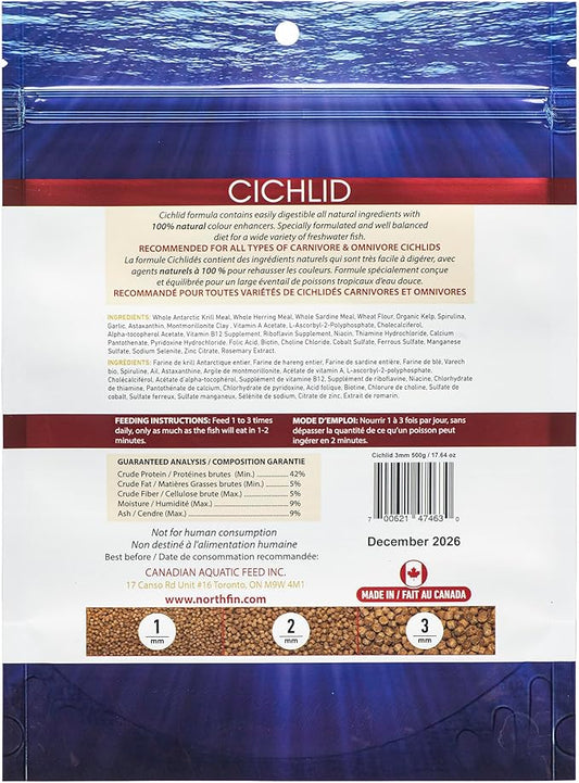 Northfin Cichlid Formula Fish Food – Slow Sinking Pellets for Cichlids (3mm, 500g) | Premium High-Protein, All-Natural Cichlid Diet to Enhance Color & Growth – No Fillers, No Hormones, Made in Canada