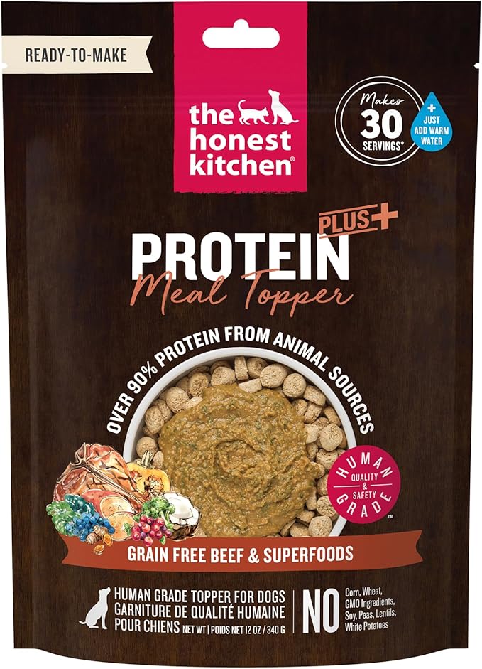 The Honest Kitchen Human Grade Protein Plus+ Dehydrated Meal Topper: Grain Free Beef Superfoods, 12oz Pouch