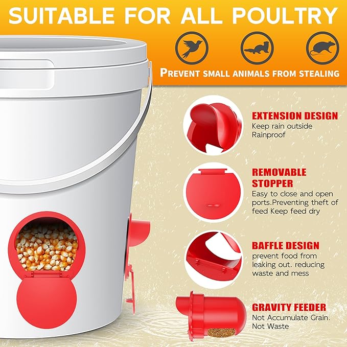 Chicken Feeder Port 12 Pack - No Waste DIY Poultry Feeding Kit with Stopper Lid & Hole Saw, Reusable Rain Proof Automatic Coop Gravity Feeder for Hens Ducks Geese (Red)