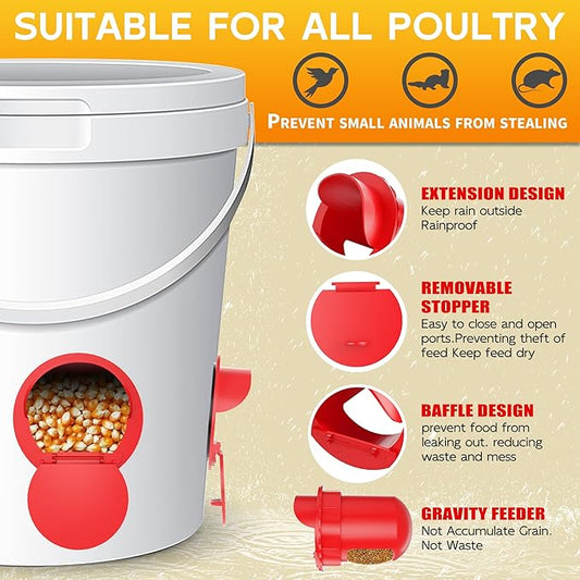 Chicken Feeder Port 12 Pack - No Waste DIY Poultry Feeding Kit with Stopper Lid & Hole Saw, Reusable Rain Proof Automatic Coop Gravity Feeder for Hens Ducks Geese (Red)
