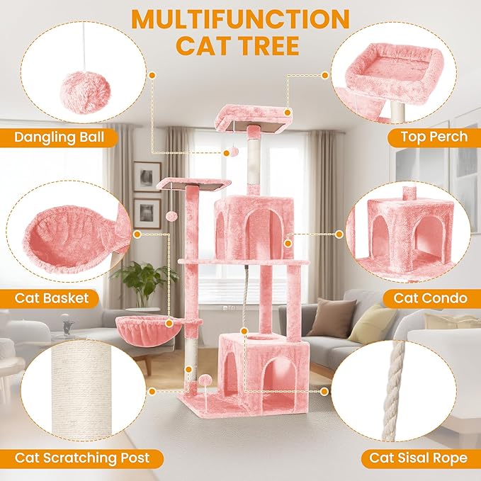 54-Inch Cat Tree Tower with 2 Caves & 2 Pompoms - Multi-Level Tower for Indoor Cats, Soft Plush Condo with Scratching Posts - Sturdy Base for Large Cats(Pink)