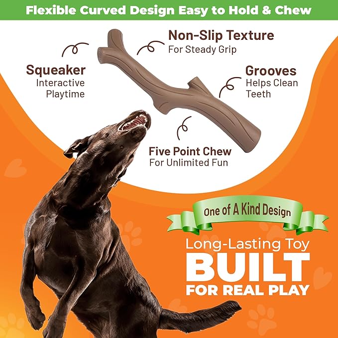 Brown Bacon Flavored Dog Toy - 100% Natural Rubber Squeaky Toy for Medium & Large Breeds - Ideal for Fetch & Tug of War & Dental Ridges for Chewing - Non-Toxic & Safety Tested