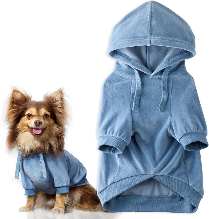 Pet Passion Cooper II Organic Cotton Velour Dog Hoodie Pet Coat for Small, Medium and Large Dogs, Faded Denim, Medium (20-45 lbs)