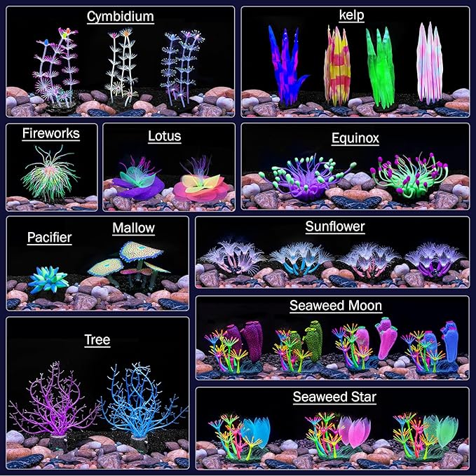 Dynamic Glow in The Dark Aquarium Decorations: Unleashing Visual Effects with Soft Silica Gel, Changing Lights, and Colorful Glowing Coral Ornaments (Blue, Seaweed Moon)