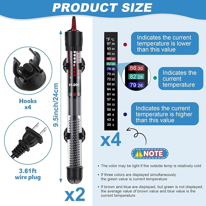 Dreyoo 2 Set 100W Submersible Aquarium Heater, Adjustable Aquarium Fish Tank Heater with 4 Thermometers Stickers and Suckers, Adjustable Knob Thermostat for Marine Saltwater and Freshwater