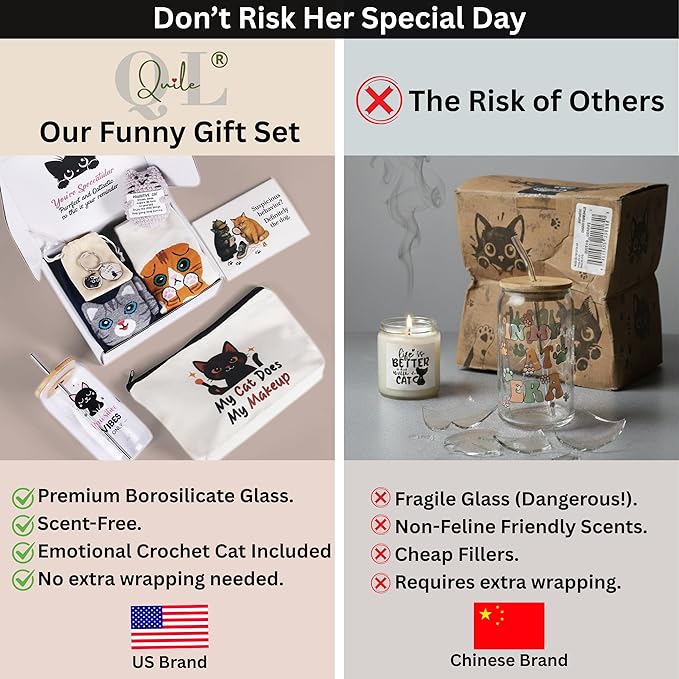 Fun Cat Mom Mothers Day Gifts Box, Cat Lover Gifts for Women, Premium Cats Themed Gifts Set for Women with Borosilicate Glass Cup Crochet Doll & Socks, Crazy Cats Lady Gift Basket for Birthday