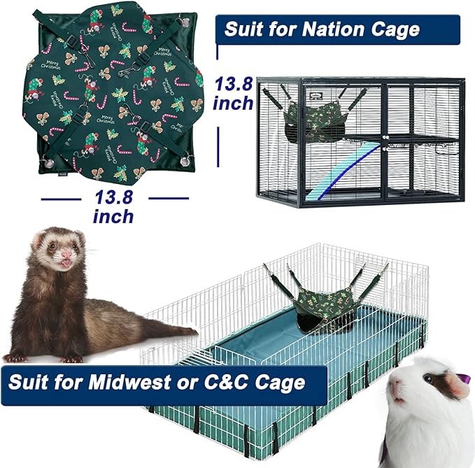 Ferret Rat Critter Nation Cage Accessories,Ferret Rat Hammock Set Hanging Bed Tent Tunnel for Any Small Animal Bedding (Christmas Green)