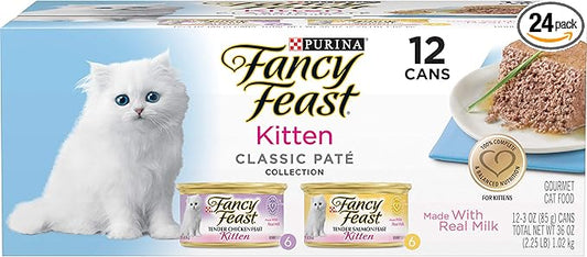 Purina Fancy Feast Grain Free Pate Wet Kitten Food Variety Pack, Kitten Classic Pate Collection Chicken & Salmon - (2 Packs of 12) 3 oz. Cans