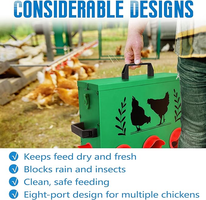 No Waste Automatic Chicken Feeder (50 LB), Rodent Resistant Metal Poultry Feeder with Locking Lid, Adjustable Stand & 8 Ports, Heavy Duty Weatherproof Feed Box for Hens, Ducks