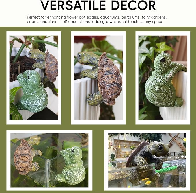 2pcs Resin Turtle Figurines for Pot Edge and Aquarium Decor, Realistic Climbing Green and Brown Decorative Turtles