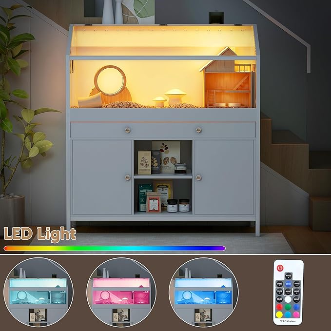 Hamster Cage with Storage Cabinet,43.3" Small Animal Cage with LED Lights and Fan, Easy View Acrylic Panel, Large Habitat for Guinea Pig, Hedgehog,Rat 43.3"x 15.7"x 43.3"