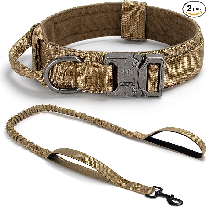 Tactical Dog Collar Set, Adjustable Military Training Nylon Dog Collar with Control Handle and Heavy Quick-Release Metal Buckle for Small Medium Large Dogs, Brown Set XL