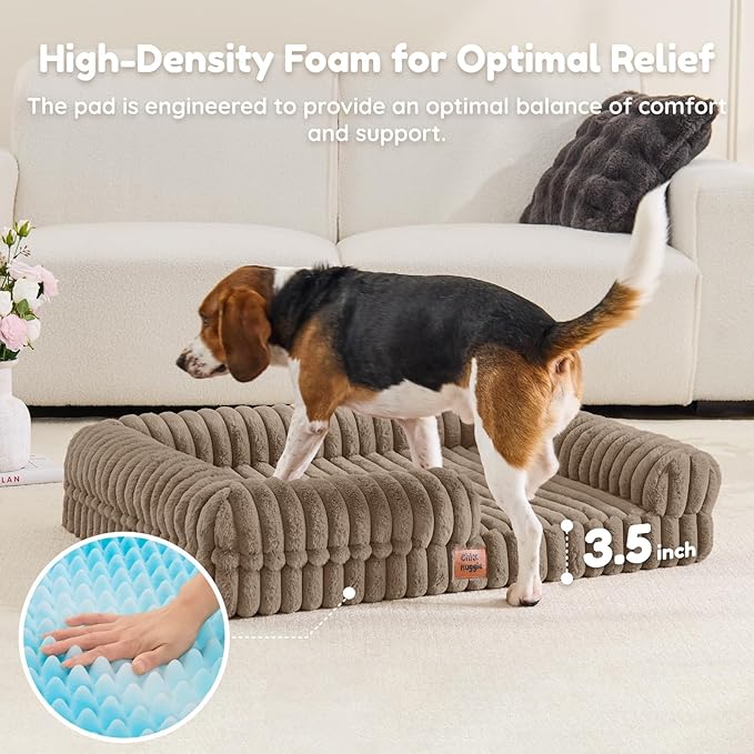 ChiXnuggle Orthopedic Dog Bed with Bolster Sides for Sleeping, Fluffy Plush Rectangular Dog Bed Large Sized Dog, Luxury Striped Faux Fur Waterproof Dog Couch with Removable Washable Cover, Taupe