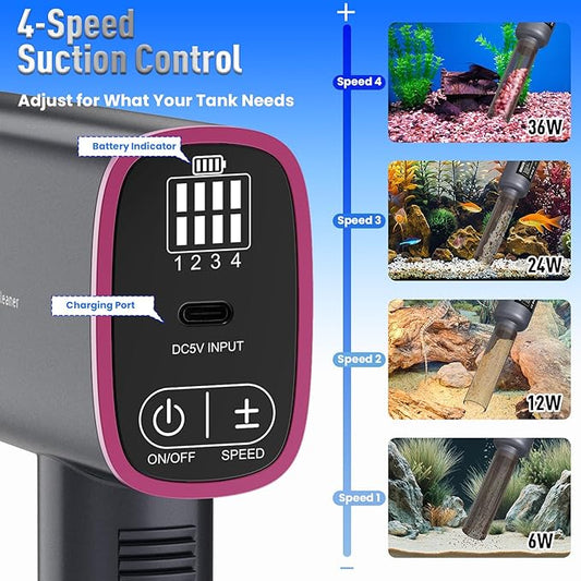Cordless Electric Aquarium Gravel Cleaner: Rechargeable Fish Tank Cleaner with 4 Adjustable Suction, Anti-Clog for Debris Clean & Sand Washing,650GPH Automatic Water Changer for Small/Large Tank