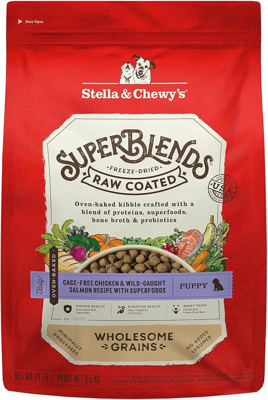 Stella & Chewy's SuperBlends Raw Coated Wholesome Grains Puppy Cage-Free Chicken & Wild-Caught Salmon Recipe with Superfoods, 21 lb. Bag