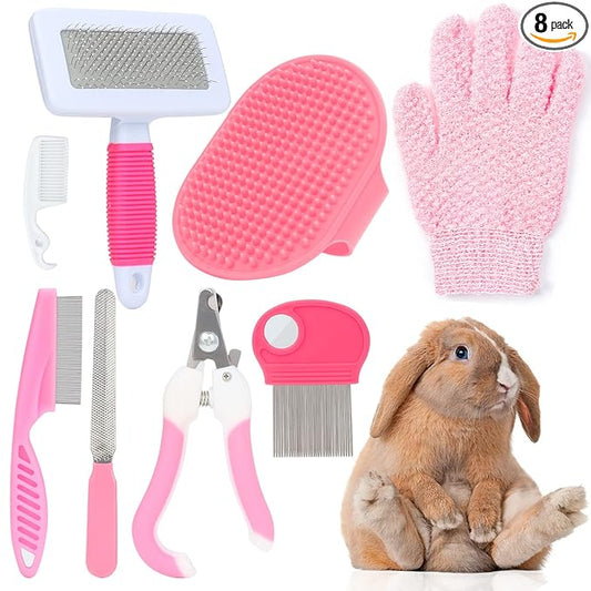 VCZONE Pink Small Animal Grooming Kit with Nail Clipper, Flea Comb, Shampoo Brush, Slicker Brush, Massage Glove for Rabbits