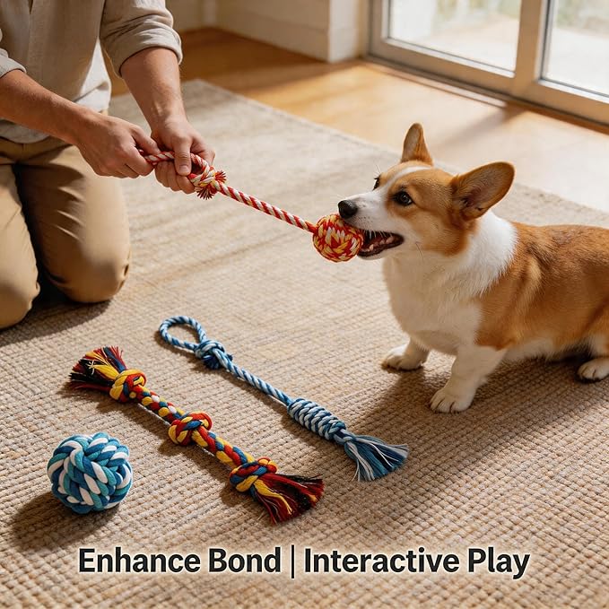 4-Pack Cotton Rope Dog Toys for Small-Medium Breeds, Puppy Teething Chews, Durable Tug-of-War & Fetch Toys for Indoor/Outdoor Play, Aggressive Chewers, Boredom Relief, Teeth Clean