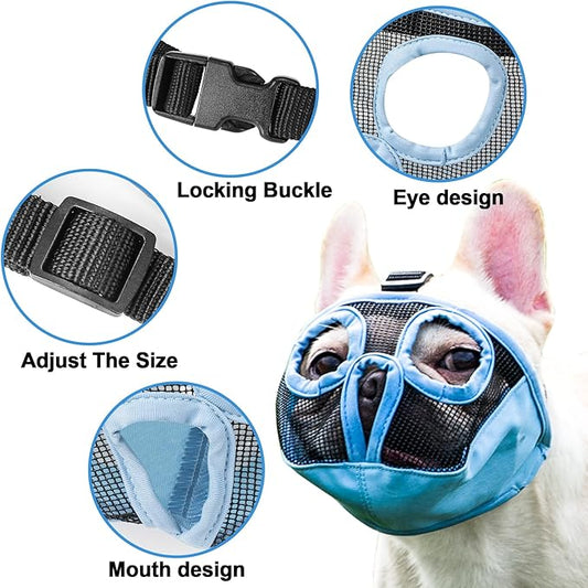 Short Snout Dog Muzzles- Adjustable Breathable Mesh Bulldog Muzzle for Biting Chewing Training Grooming Dog Mask,Blue M