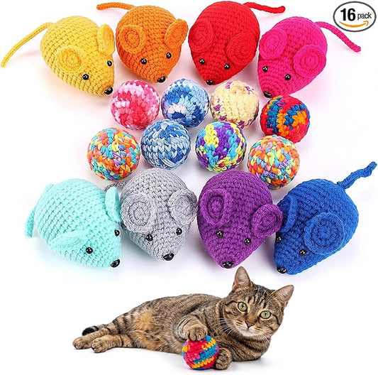 Shappy 16 Pcs Crochet Cat Toys Set, 8 Knitted Mice 8 Cat Ball Toys with Bell Inside, Yarn Mouse Animals for Medium Indoor Cats, Kitten Play Chew Accessories
