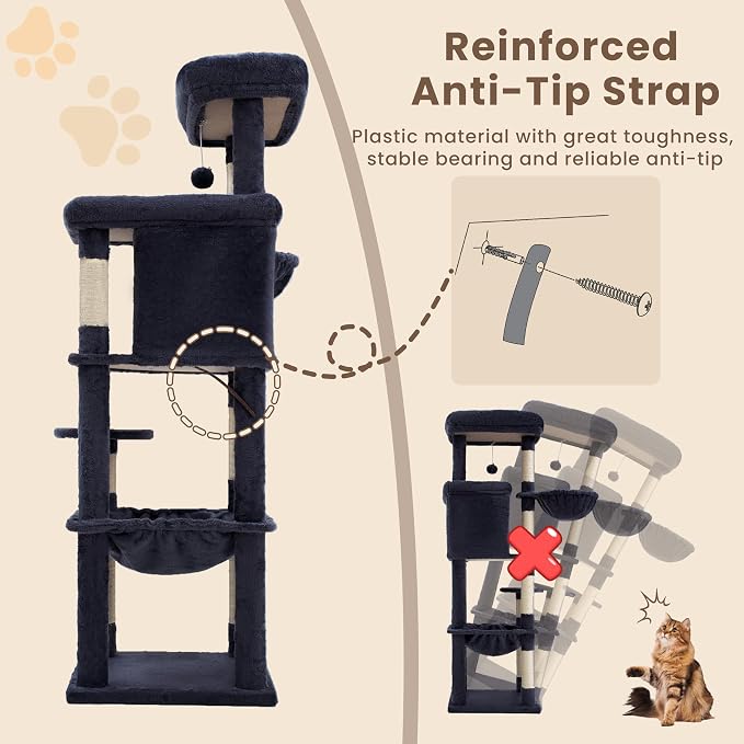 Heybly Cat Tree, 56-Inch Multi-Level Easy Climb Tower for Large Cats, Cat Furniture with 2 Perches, Cozy Hammock, Spacious Condo & Cat Basket, Durable Sisal Scratching Posts, Smoky Gray HCT028G